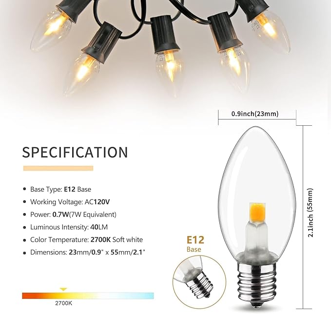 Night Light Bulb – C7 E12 LED Bulbs – Candelabra, 0.6 Watt Equivalent 7W Incandescent Bulb, Warm White 2700K, Window Candles & Chandeliers Replacement Bulb, 6 Pack - Bloomnest