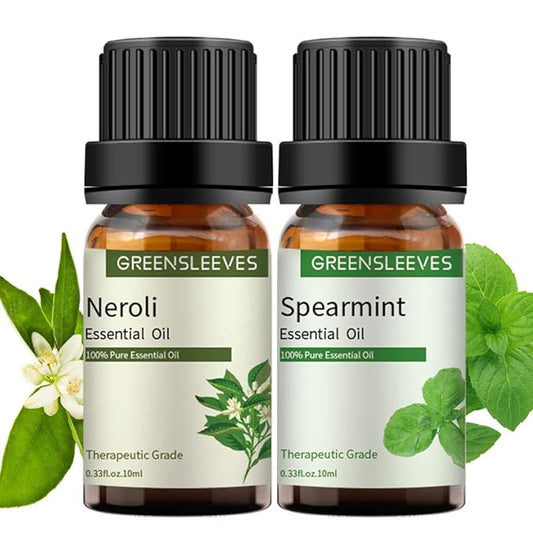 GREENSLEEVES Neroli Spearmint Essential Oil Set, 2 x 10ml Pure Plant-Based Fragrance Oil for Aromatherapy, Essential Oils for Diffuser, Massage, Bath Bomb, Scented Candle Soap Making GREENSLEEVES