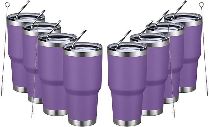 MEWAY 30oz Insulated Tumbler With Lids and Straws,Stainless Steel Double Vacuum Coffee Tumbler Cup, Brush, Durable Powder Coated Coffee Cup for Cold & Hot Drinks, Office, Travel(Purple,8 PACK) - Bloomnest