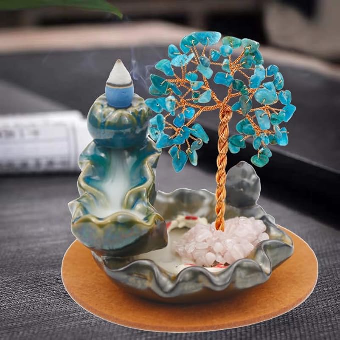 Waterfall Burner, Crystal Tree Backflow Incense Holder, with 30 Incense Cones, 30 Incense Stick, 1 Healing Crystal Necklace, Aromatherapy Anxiety Relief Items, Mom Gifts for Christmas - Bloomnest