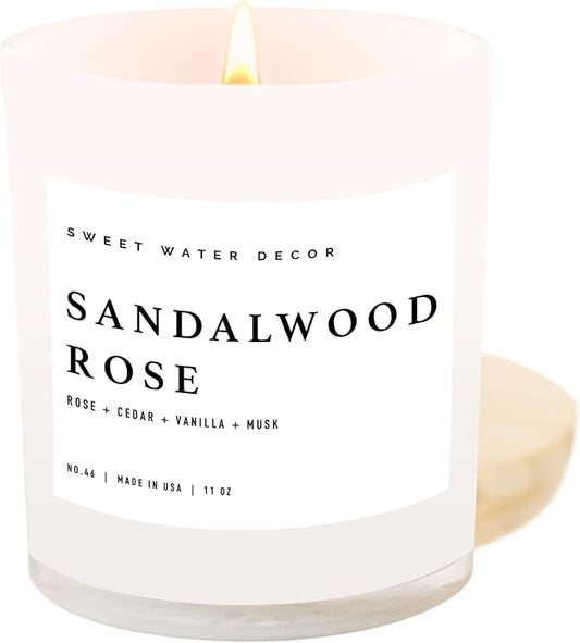 Sweet Water Decor Sandalwood Rose Candle - Rose, Cedar, Vanilla, Musk Scented Floral Candle for Spring - 11oz White Jar with Wood Lid, 50+ Hour Burn Time, Made in The USA - Bloomnest