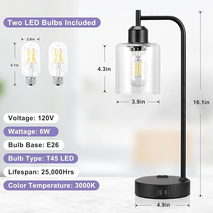 Industrial Touch Table Lamps for Bedrooms Set of 2 - 3-Way Dimmable Lamps with USB C+A Ports and Outlet, Black Bedside Lamps with Seeded Clear Glass Shade for Living Room, Desk Lamps for Home Office - Bloomnest