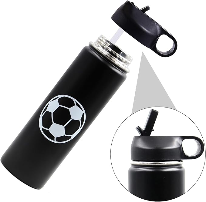 22 oz Soccer Water Bottle with Straw, Sports Flask Metal Travel Tumbler with 2 Lids, BPA Free Stainless Steel Double Wall Vacuum Insulated Leak Proof Thermo Water Bottles, Soccer Gifts for Boys Girls - Bloomnest