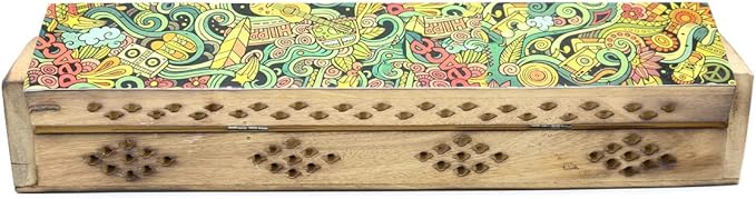 SOUL STICKS Handmade Carved Incense Burner Wooden Coffin Box with Storage Includes Go Away Evil Incense Sticks (Peace Art) - Bloomnest