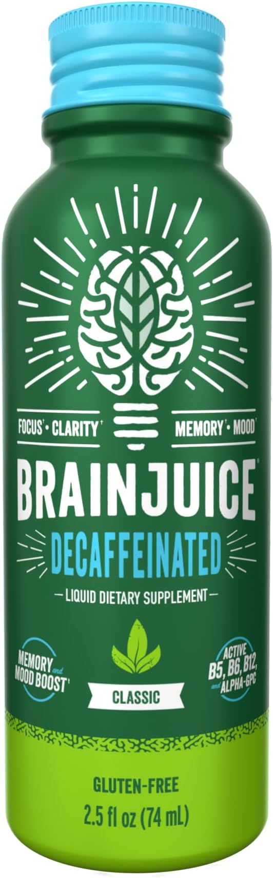 BrainJuice Decaf Brain Support Shot, Gluten Free Supplement Shots for Energy & Focus, Healthy Drinks with Alpha GPC, Vitamin B & Decaffeinated Green Tea Leaf, Classic, 2.5 fl oz, 12 Pack - Bloomnest