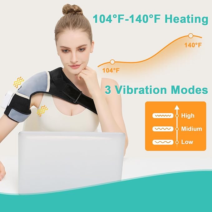 AOBOCO Cordless Shoulder Heating Pad with Vibration, 5000mAh Rechargeable Shoulder Massager for Rotator Cuff Pain Relief, Portable Heated Shoulder Brace Wrap, 104℉-140℉ Heat Levels, 3 Vibration Modes - Bloomnest