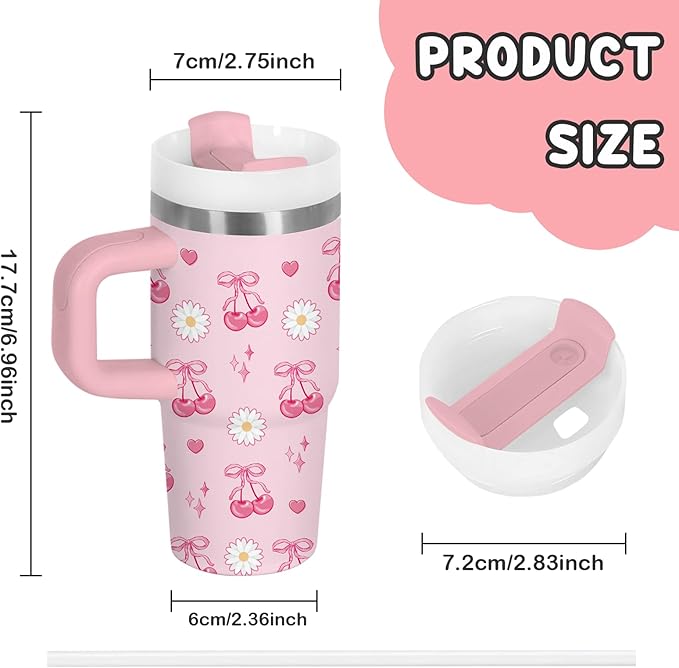 Cherry Bow Gifts for Girls - 14oz Kids Tumbler with Handle and Straw, Stainless Steel Insulated Water Cup, for Sport, School, Travel - Pink Bow Cherry Themed Children Birthday Gift Cup(1pc) - Bloomnest