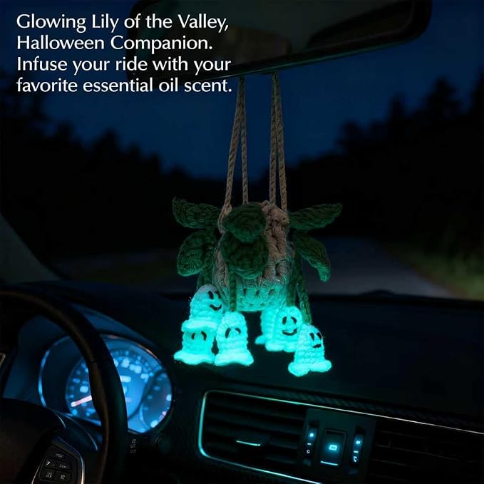 Handmade Crochet Hanging Car Air Freshener - Glow-in-the-Dark Lily of the Valley Plant with 12ml Refillable Essential Oil Diffuser Bottle, Halloween Car Accessories & Bedroom Nightlight Decor - Bloomnest