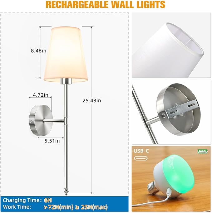 NIORSUN 25.4 inch Brushed Nickel Battery Operated Wall Sconce Set of 2,Rechargeable Wall Lights with Dimmable Detachable Bulbs and Remote,9 Colors Wireless Sconces for Bedroom Living Room Hallway - Bloomnest