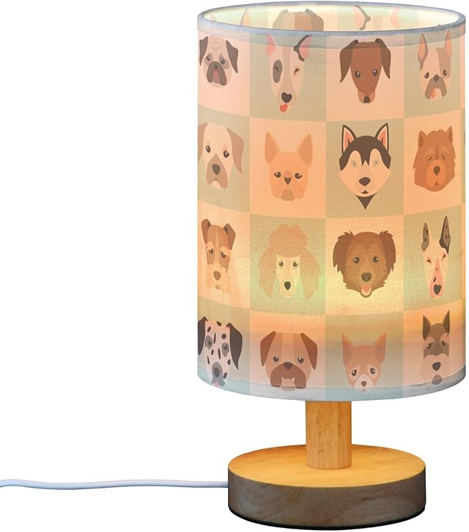 Table Lamp Cartoon Dog Head in Grid Nightstand Lamp with Wood Base Fabric Lamp Shade Bedside Desk Lamp for Living Room Bedroom Kids Room Office - Bloomnest