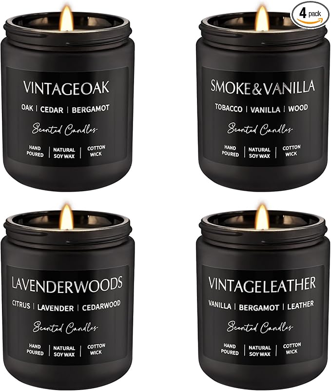 4Psc Scented Candles Set,7oz Gifts for Men Aromatherapy,Soy Candle of Smokeless - Leather & Smoke, Vanilla Oakmoss, Lavender - Relaxing Fragrance for Home, Office, Yoga(Black) - Bloomnest