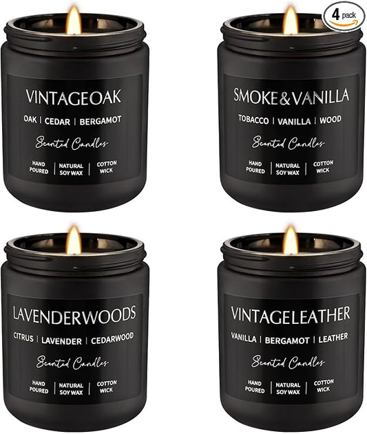 4Psc Scented Candles Set,7oz Gifts for Men Aromatherapy,Soy Candle of Smokeless - Leather & Smoke, Vanilla Oakmoss, Lavender - Relaxing Fragrance for Home, Office, Yoga(Black) - Bloomnest