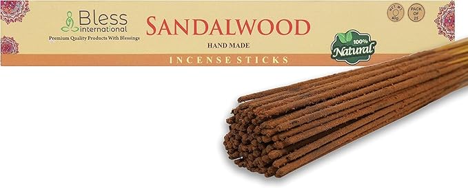 Bless-Sandalwood 100%-Natural-Handmade-Hand-Dipped-Incense-Sticks Organic-Chemicals-Charcoal-Free Purification-Relaxation-Positivity-Yoga-Meditation Best-Woods-Scent (25 Sticks (1.4 OZ)) BlessInternational