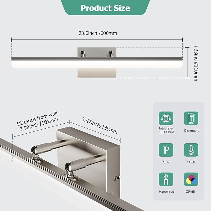 Brushed Nickel Vanity Light 24", 5CCT Dimmable LED Bathroom Light Bar, 18W Wall Mount Fixture with Adjustable Angle & ETL Driver – Modern Lighting for Bathroom, Powder Room, Bedroom - Bloomnest