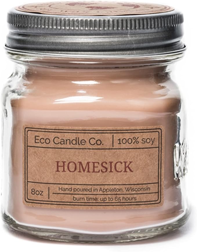 ECO CANDLE CO. Mason Jar Candle, Homesick, 8 oz. - Scents of Apples, Sugar, Butter, & Spices - 100% Soy Wax, No Lead, Kraft Label & Antiqued Pewter Lid, Hand Poured, Made from Midwest Grown Soybeans - Bloomnest