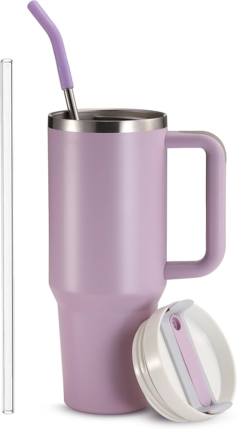 KooK Stainless Steel Tumbler, with Straw and Handle, Leakproof, Vacuum Insulated Travel Coffee Mug, Reusable Double Walled Water Bottle, Keeps Hot or Cold, 40 oz, Lilac - Bloomnest