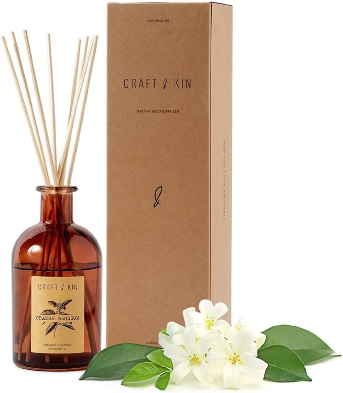 Craft & Kin Sage, Orange Blossom & Lotus Reed Diffuser | All Natural Essential Oil & 8 Rattan Scent Sticks | Reed Diffusers for Home, Bathroom | Long Lasting Home Fragrance in Amber Glass, 5.75oz CraftKin