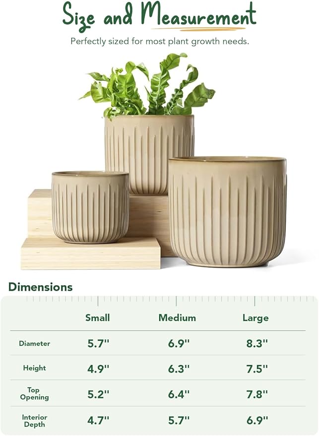 LE TAUCI Fluted Ceramic Planters Set of 3 – 8.3/7 / 5.7 in Cloud Cream Reactive Cylinder Indoor Plant Pots with Drainage Plug & Mesh, Glossy Stoneware Flower Pots for Succulents Herbs - Bloomnest