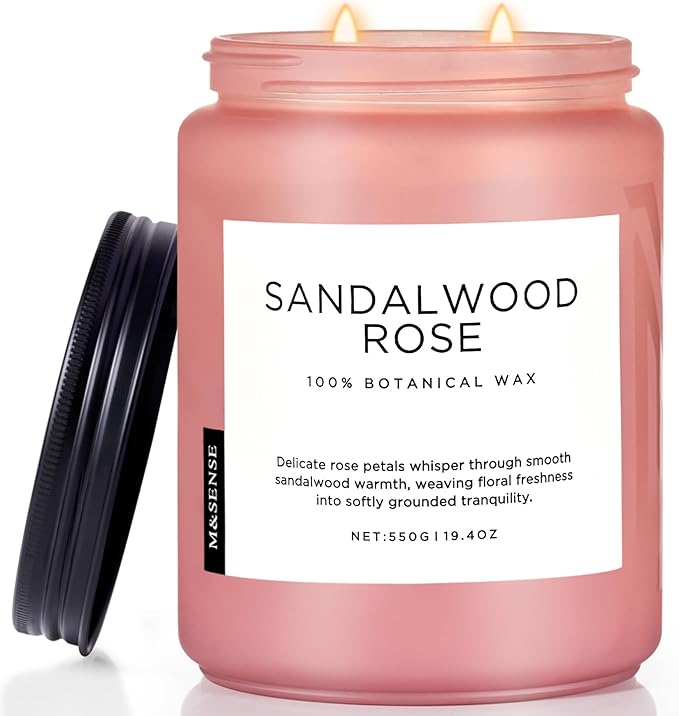 M&SENSE Sandalwood Rose Scented Candle 19.4oz 110 Hours Long Lasting Burn Natural Soy Wax Strong Scented Candle for Home, 2 Wick Home Fragrance Slow Burning Housewarming Gifts for Men Women - Bloomnest