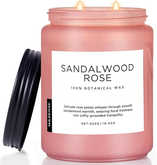M&SENSE Sandalwood Rose Scented Candle 19.4oz 110 Hours Long Lasting Burn Natural Soy Wax Strong Scented Candle for Home, 2 Wick Home Fragrance Slow Burning Housewarming Gifts for Men Women - Bloomnest