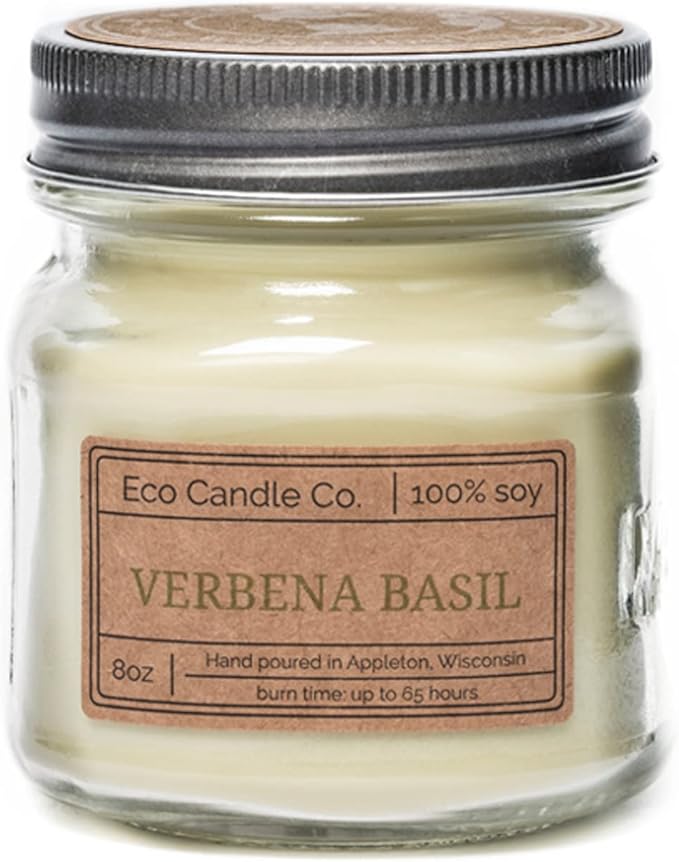 ECO CANDLE CO. Mason Jar Candle, Verbena Basil, 8 oz. - Scents of Lemons, Verbena, Basil, & Cedar - 100% Soy Wax, No Lead, Kraft Label & Antiqued Pewter Lid, Hand Poured, Midwest Grown Soybeans - Bloomnest