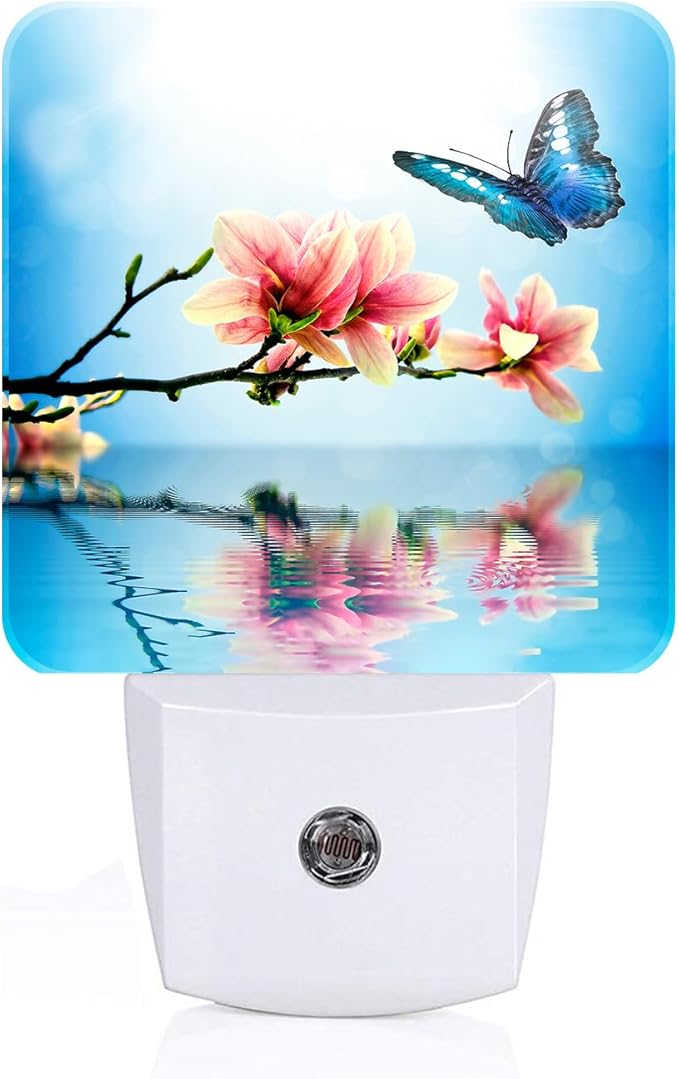 Butterfly and Magnolia Flower Night Light,Plug Into Wall for Boys Girls Bedroom Decorative Square Night Light Lamp 0.5w Sleep Friendly