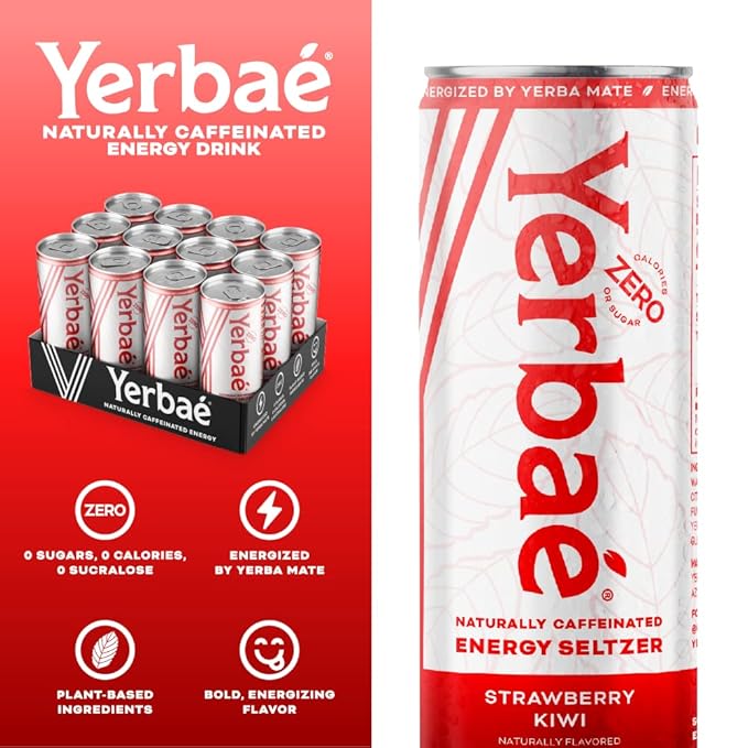 Yerbaé Energy Seltzer - Strawberry Kiwi, No Sugar/Calories/Carbs. Energized by Yerba Mate, Naturally Caffeinated Plant-Based, Healthy Alternative to Coffee/Sugary Sodas, Pack of 12, 12oz cans - Bloomnest