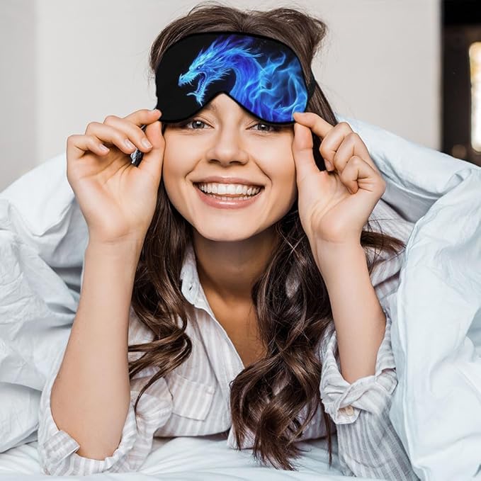 Fiery Dragon Sleep Eye Mask Blue Dragon Black Silk Eye Mask Sleeping Soft Eye Shade Cover for Men Women Boy Girl Airplane Travel with Elastic Strap - Bloomnest