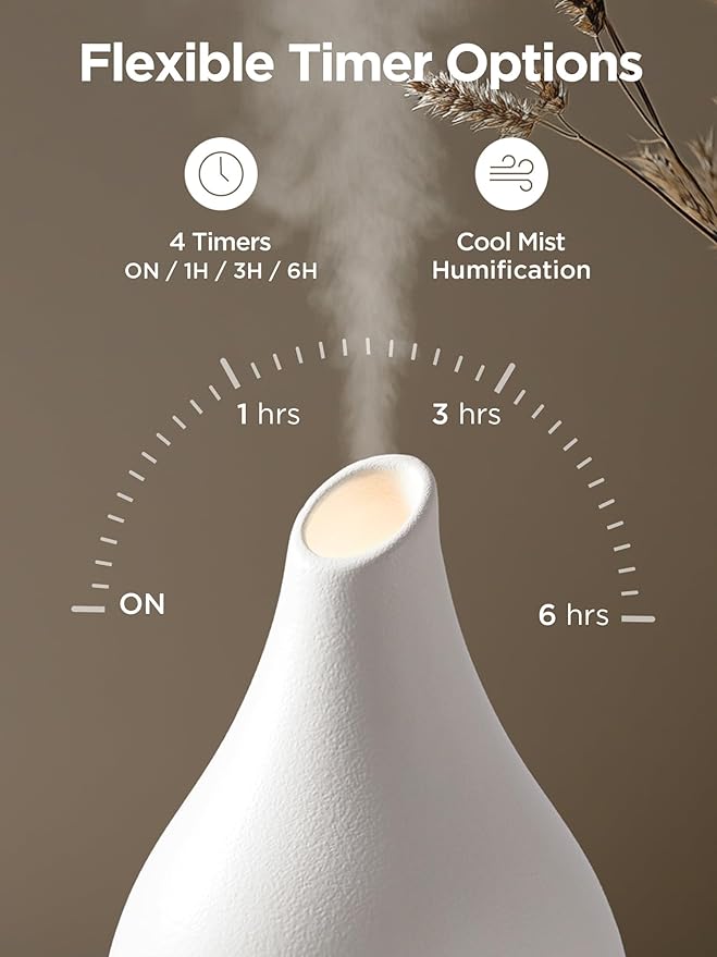 InnoGear Essential Oil Diffuser, 300ml Ceramic Diffuser for Home Handcrafted Stone Aromatherapy Diffusers Ultrasonic Cool Mist Humidifier Vaporizer 4 Timers, White Vase-Shaped Ceramic, Large - Bloomnest