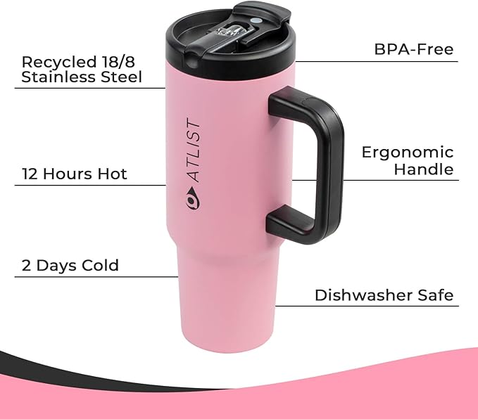 100% Leakproof 40 oz Tumbler with Handle & 4-in-1 SipSwig Lid, Built-In Flip Straw & External Stainless Steel Straw, Insulated Stainless Steel Cup, BPA-Free, Pink & Black - Bloomnest