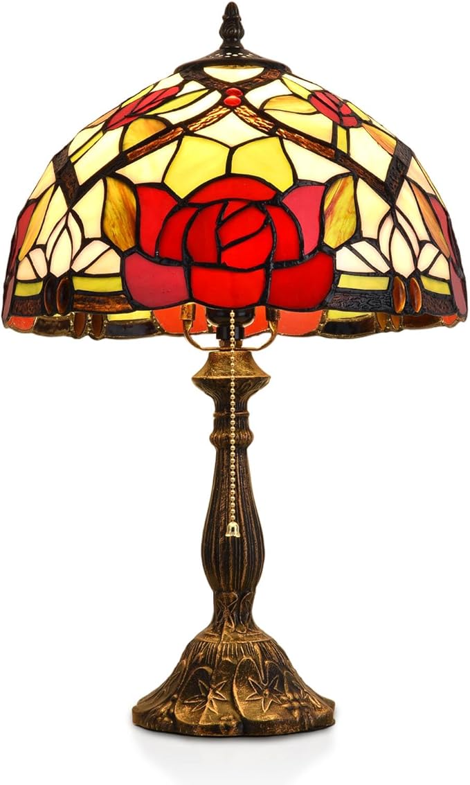 Tiffany Table Lamp, 12-inch Stained Glass Lamp for Living Room, Dining Room, Bedroom, Study Room, Office (Red Rose) - Bloomnest