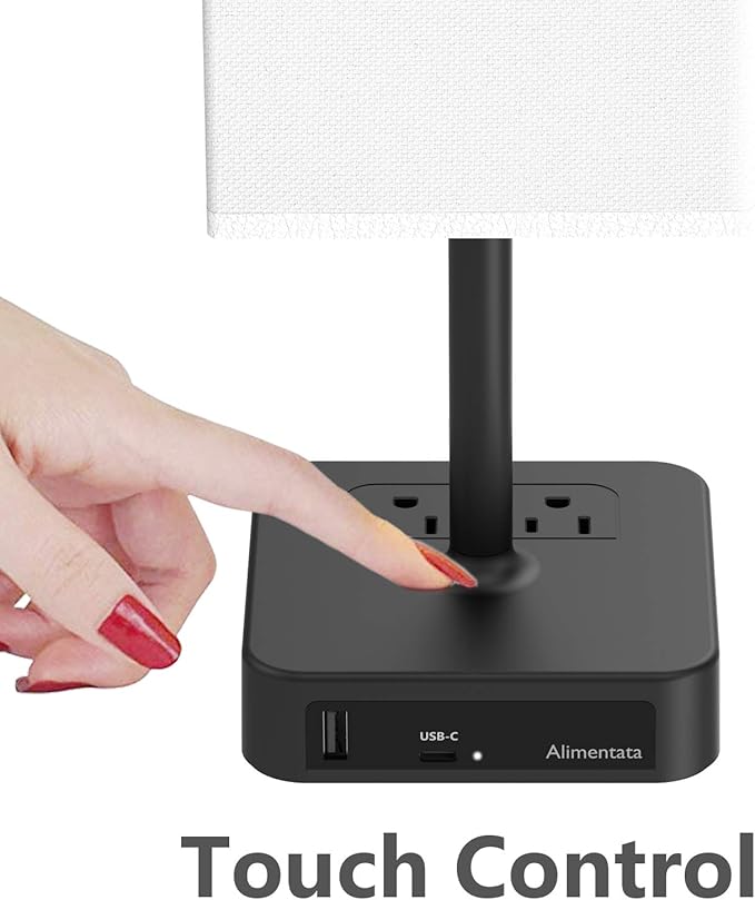 Bedside Table Lamp with Touch Control & USB C+A Charging Ports LED Desk Lamp with 2 AC Outlets, Minimalist Nightstand Light with Black Fabric Shade for Bedroom, Living Room, Office, White - Bloomnest