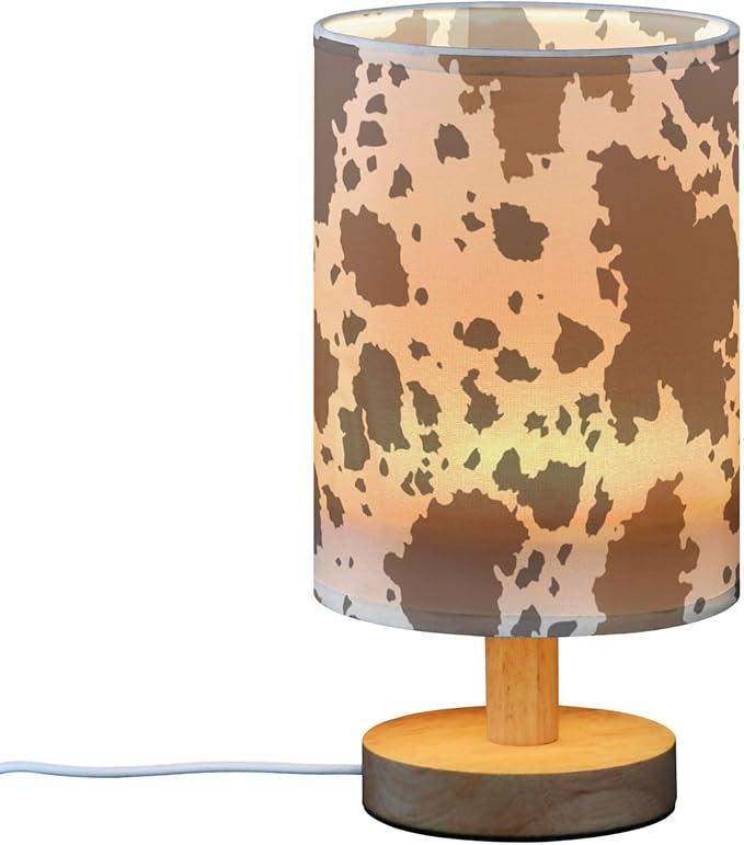 Table Lamp Cow Skin Brown Cowhide Pattern Nightstand Lamp with Wood Base Fabric Lamp Shade Bedside Desk Lamp for Living Room Bedroom Kids Room Office - Bloomnest