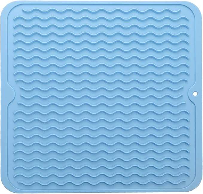 Silicone Dish Drying Mat for Multiple Usage,Easy clean,Eco-friendly,Heat-resistant Silicone Mat for Kitchen Counter or Sink,Refrigerator or Drawer liner Light Blue M 12 inches x 12 inches - Bloomnest