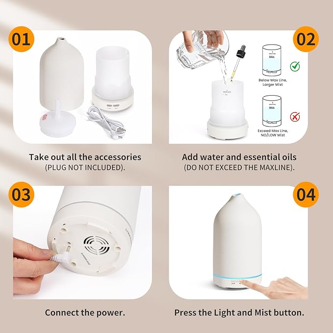URPOWER 120ML Essential Oil Diffuser Ceramic Aromatherapy Diffuser with 7-Color LED Lights, Auto Shut-Off, 2 Mist Modes, Humidifier for Home Office Decor, Scent Diffuser for Yoga Spa - Bloomnest