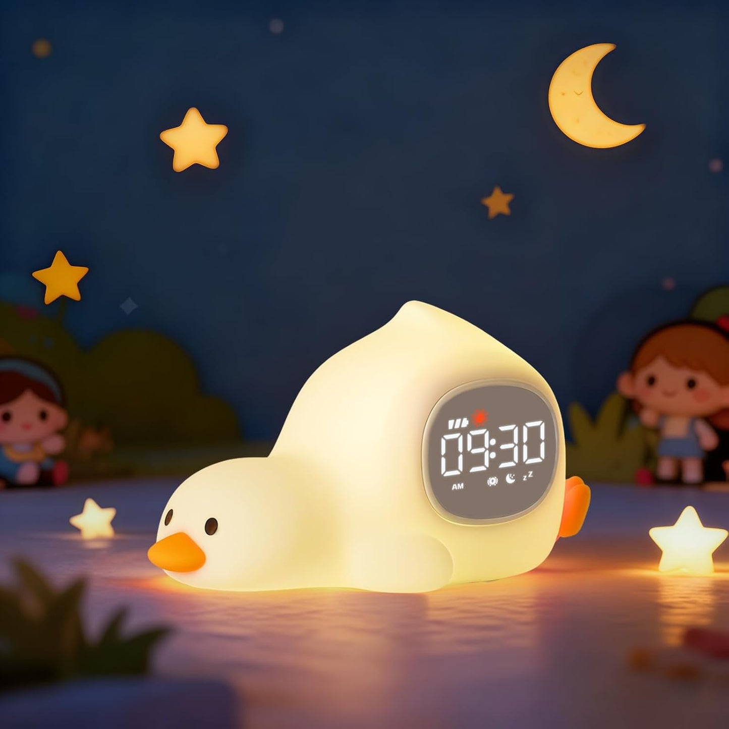 Laying Duck Alarm Clock with Night Light for Kids with Sleep Training and Sound Machine, Rechargeable Silicone Lamp OK to Wake Clock，Cute Animal Tabletop Lamp, Perfect Sleep Companion for Boys Girls