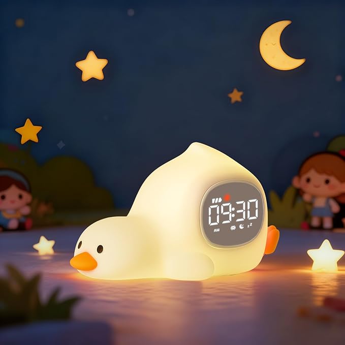 Laying Duck Alarm Clock with Night Light for Kids with Sleep Training and Sound Machine, Rechargeable Silicone Lamp OK to Wake Clock，Cute Animal Tabletop Lamp, Perfect Sleep Companion for Boys Girls - Bloomnest