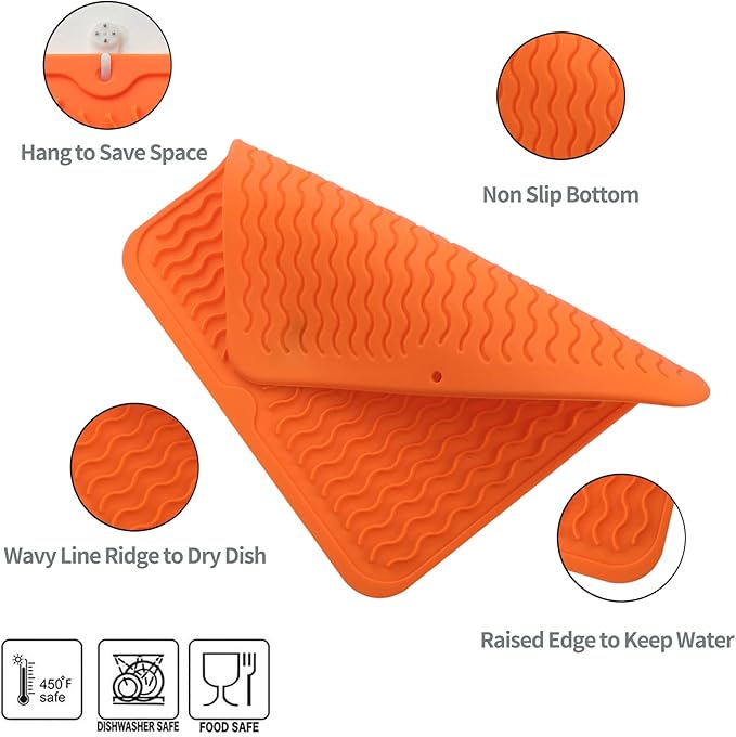 Silicone Dish Drying Mat for Multiple Usage,Easy clean,Eco-friendly,Heat-resistant Silicone Mat for Kitchen Counter or Sink,Refrigerator or Drawer liner Orange M 12 inches x 12 inches - Bloomnest
