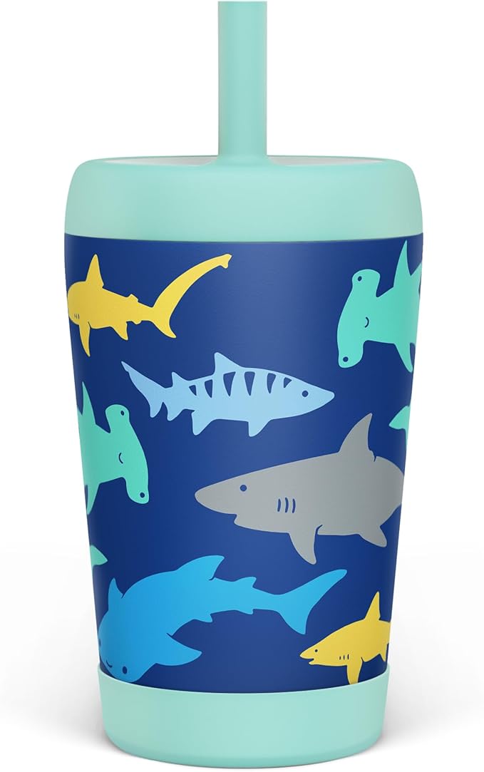 Kid Insulated Stainless Steel Tumbler with Silicone Straw, 12oz Sippy Cup for Kids (Sharks) - Bloomnest