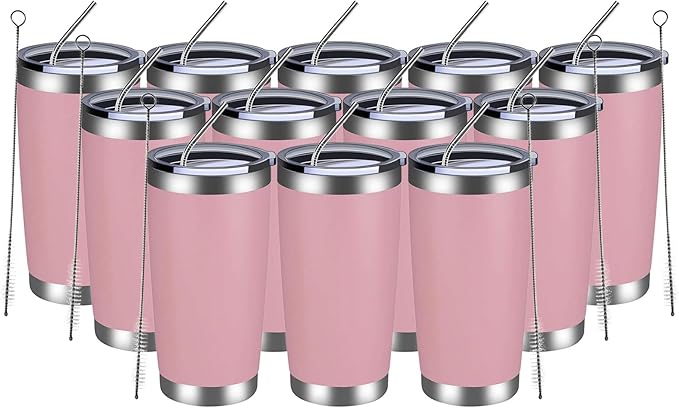 MEWAY 20oz Tumbler 12 Pack Double Wall Vacuum Insulated Travel Mug Bulk, Stainless Steel Tumblers with Lid and Straw, Durable Powder Coated Coffee Cups for Cold & Hot Drinks (Pink, 12) - Bloomnest