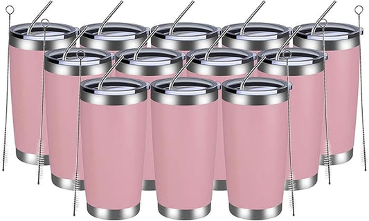 MEWAY 20oz Tumbler 12 Pack Double Wall Vacuum Insulated Travel Mug Bulk, Stainless Steel Tumblers with Lid and Straw, Durable Powder Coated Coffee Cups for Cold & Hot Drinks (Pink, 12) - Bloomnest
