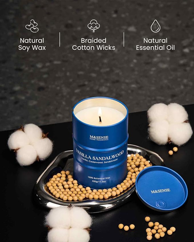 M&SENSE Vanilla Sandalwood Scented Candles Natural Non Toxic, Aromatherapy Candle for Stress Relief Meditation Relaxing, Housewarming Gifts for Women Men, 11.3oz 70 Hour Long Burning - Bloomnest