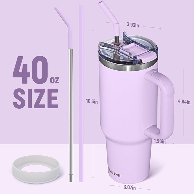 40 oz Tumbler with Handle and Straw Lid,Insulated Reusable Stainless Steel Water Bottle Travel Mug，Cupholder Friendly Double Wall Vacuum Sealed Cup (Lavender Purple) - Bloomnest