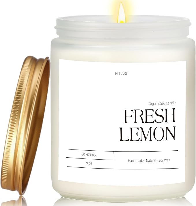 Fresh Lemon Highly Scented Candle for Home, 9oz Natural Soy Aromatherapy Non Toxic Candles with Essential Oil, Home Fragrance Stress Relief & Meditation Jar Candles Gifts for Women & Men, White - Bloomnest
