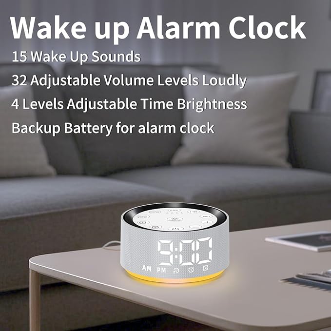Sound Machine White Brown Noise Machine with 30 Sleeping Sounds for Baby Kids Adults Night Light Bedroom Alarm Clock 2 Alarms Backup Battery 32-Level Vol 15 Wake up Sounds for Mild Heavy Sleeper