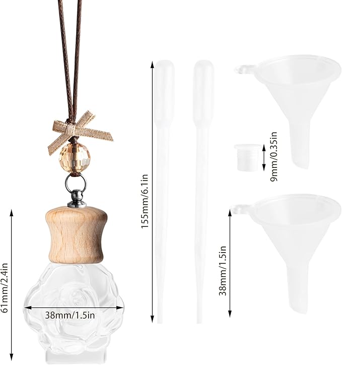 6 Pack Leak-Proof Hanging Car Diffuser - 8ml Refillable Empty Bottles with Wood Caps, 3 Funnels & 2 Droppers - Essential Oil Air Freshener for Car, Home or Office (6, Camellia) - Bloomnest
