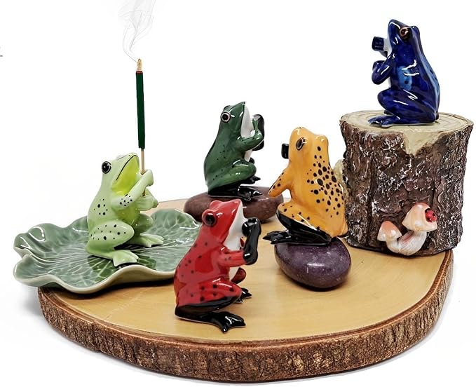 2" Red Black Frog On 4" Wide Lotus Leaf Ceramic Incense Stick Holder Artistic Collectible Figurine for Adult Collectors Interior Accent Gift Handcrafted Porcelain Home Room Decor - Bloomnest