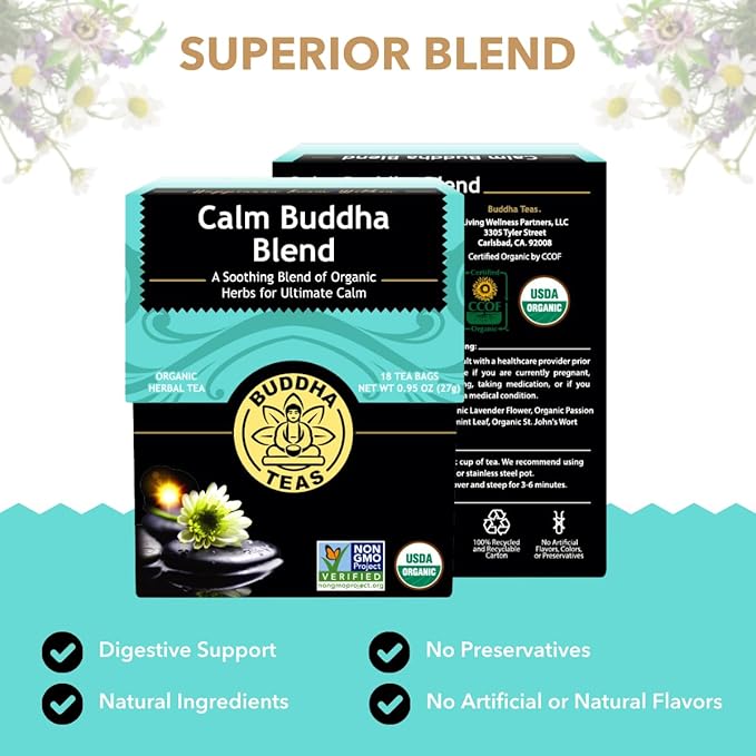 Buddha Teas - Calm Buddha Blend - Organic Herbal Tea - For Health & Wellbeing - Blend of Organic Herbs - Clean Ingredients - Caffeine Free - OU Kosher & Organic - Non-GMO - 18 Bleach-Free Tea Bags - Bloomnest