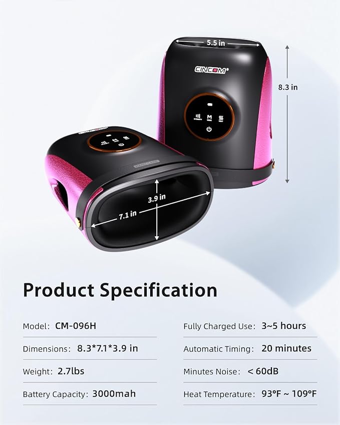 CINCOM Hand Massager with Heat and Compression, Finger and Palm Massage Machine for Pain Relief, Arthritis and Improved Circulation, Gifts for Women, Cordless and Rechargeable (Black)