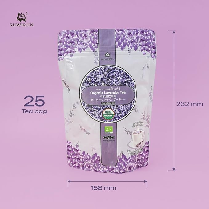 Suwirun Organic Lavender Tea 25 Bags – 100% Lavender Flowers – Aromatic & Calming, Caffeine-Free – Supports Stress Relief, Relaxation & Better Sleep - Bloomnest